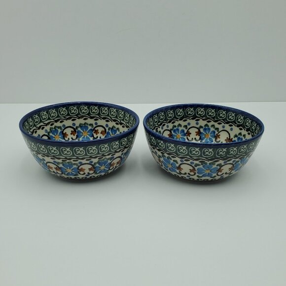 Polish Pottery Unikat Dessert Bowls Trinket Dishes Blue Flowers Green Accents - Picture 1 of 10